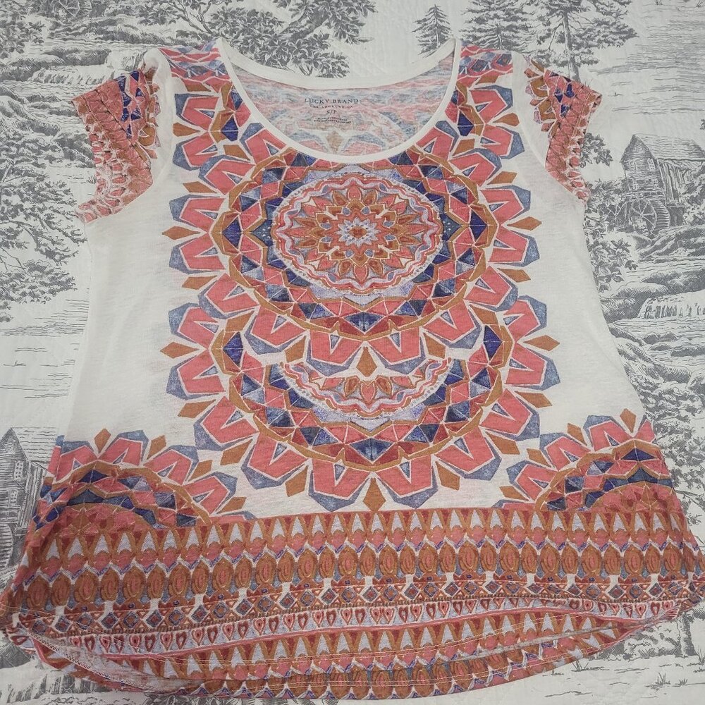 Lucky Brand Blue Coral Cream Cotton/Linen Cap Sleeve Top Size Small EUC